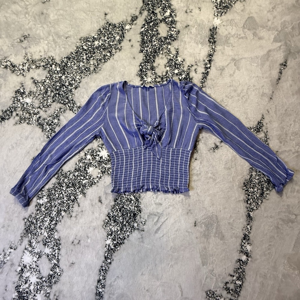 American Eagle Top Womens Size S Blue White Striped Smocked Tie Front Cropped